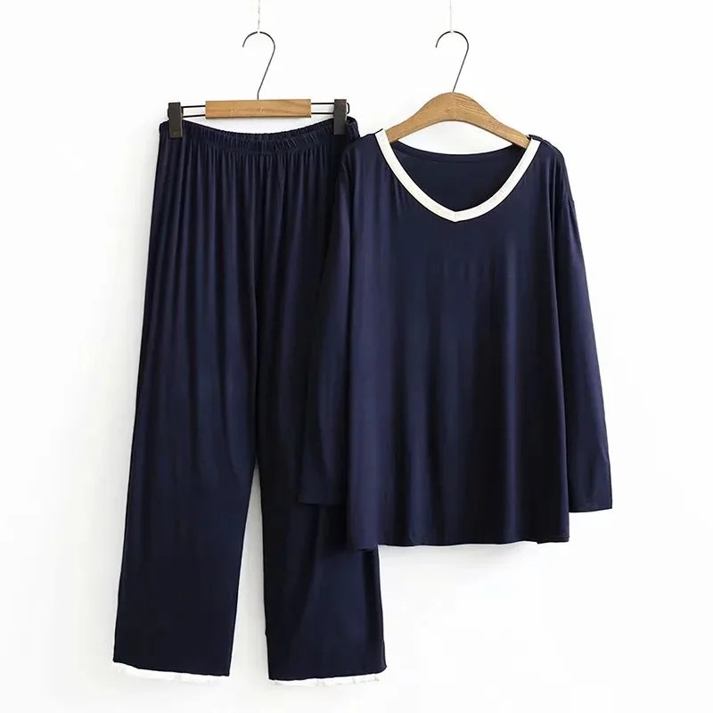 

Plus Size Solid Elasticity Women's Pajamas Long Sleeve V-Neck Home Clothes Pijama Sets