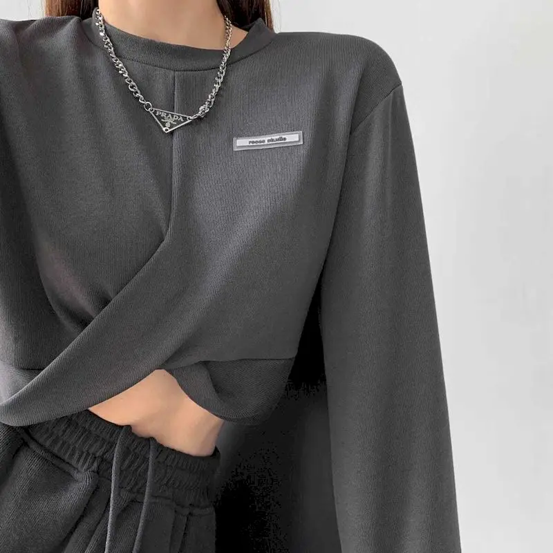 

Sweatshirts Dancing Hoodies Spring Autumn Cross Fold Letter Hem Crop O-neck Long-sleeved Pullover Grunge Oversized Women Clothes