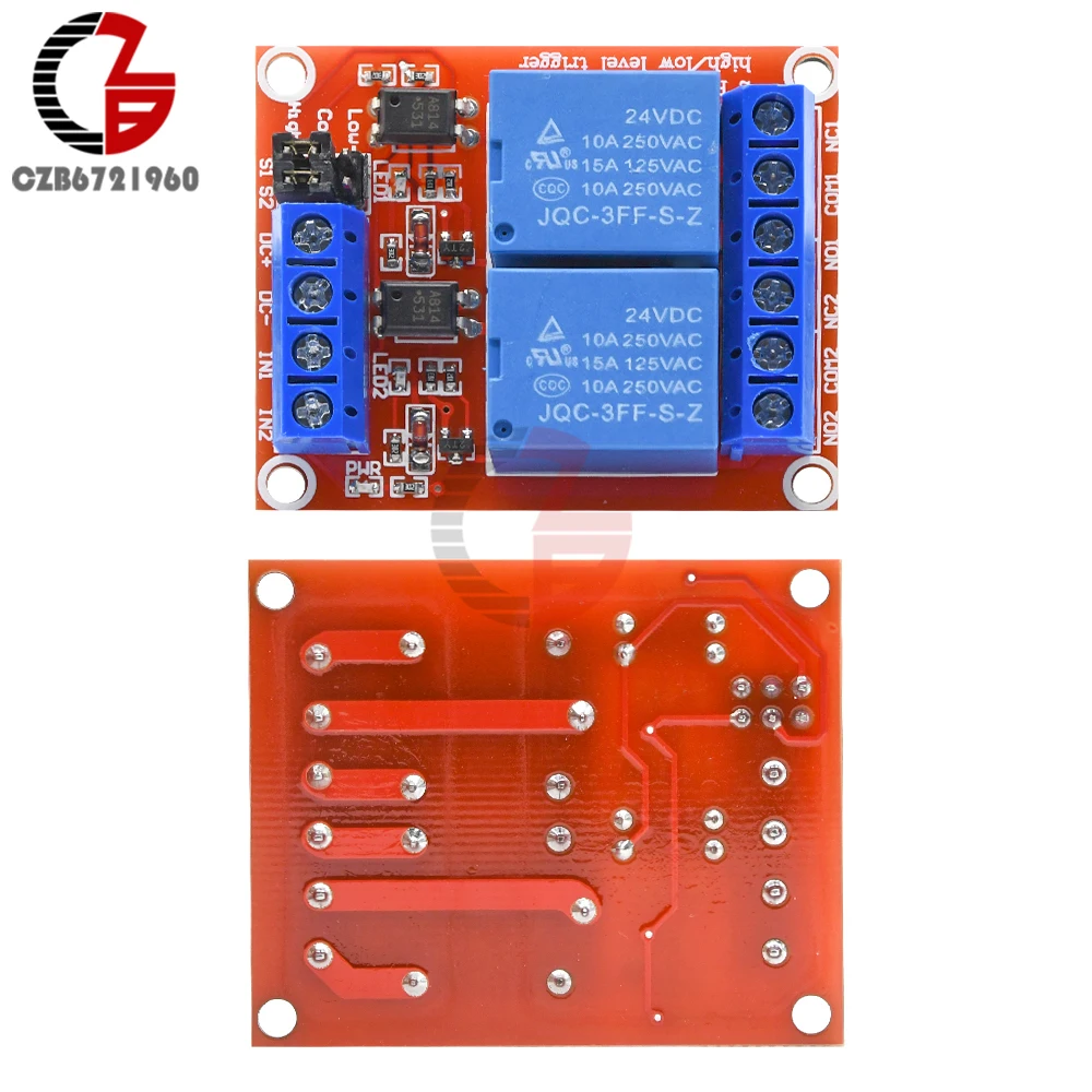 2 канала DC 24V Красный PCB релейный модуль высокого и низкого уровня триггерный с