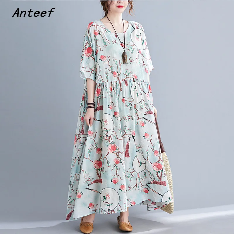 

short sleeve oversized cotton vintage floral dresses for women casual loose long summer dress elegant clothes 2022 sundress