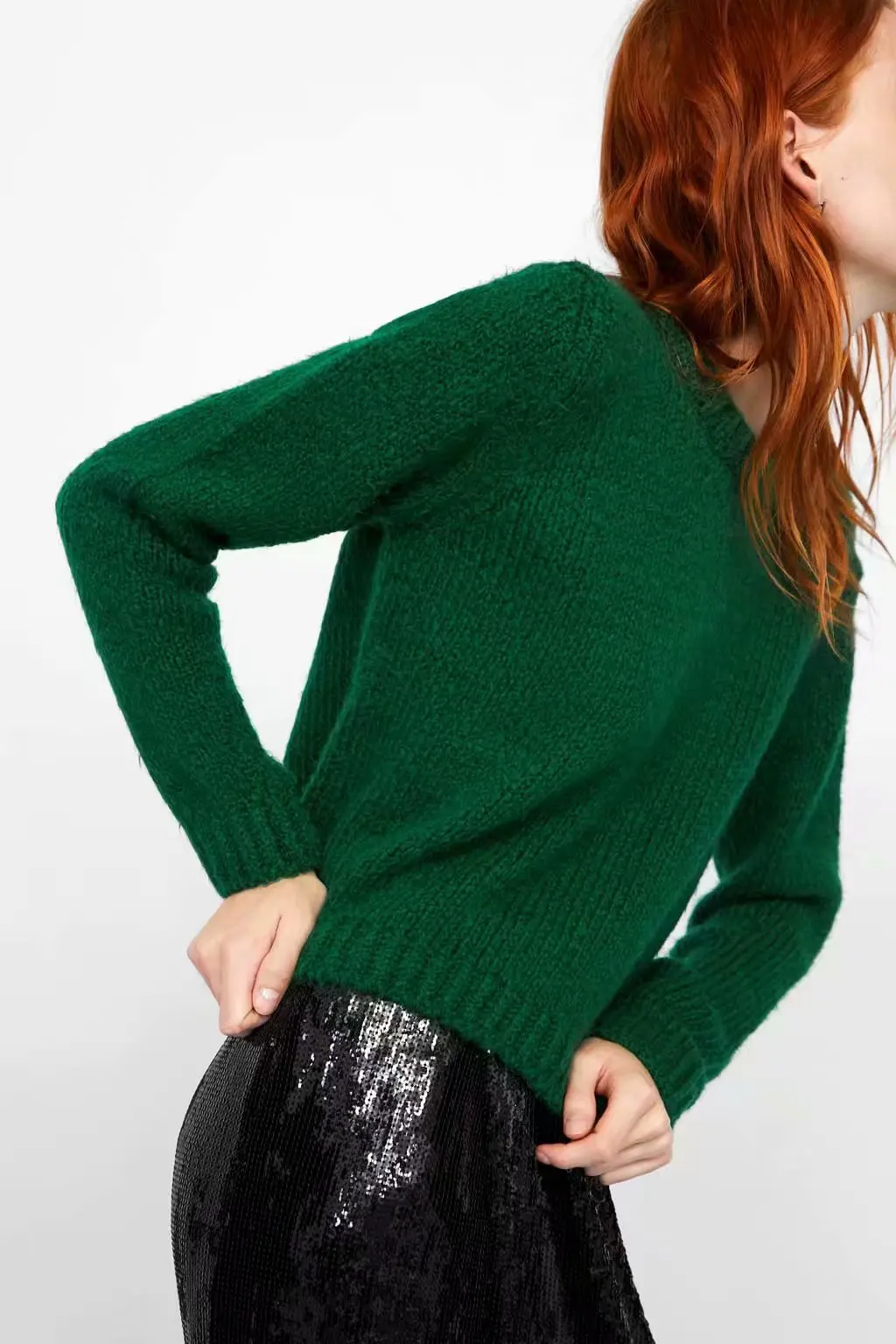 ZA женский свитер осень зима красный зеленый круглый вырез Толстый Пуловер