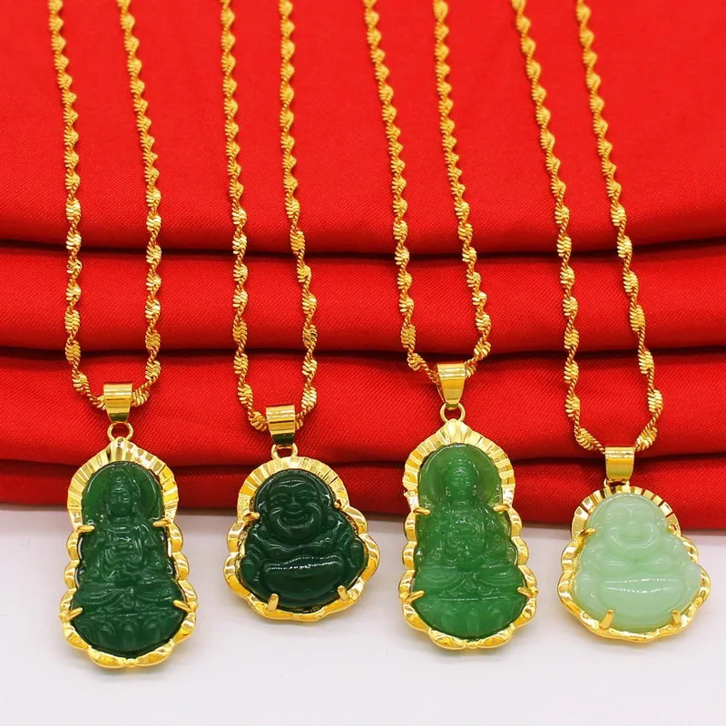 

18K Gold Buddhist Guanyin Pendant Necklace Chinese Style Green/White Ornament Maitreya Buddha Amulet Hinduism Jewelry