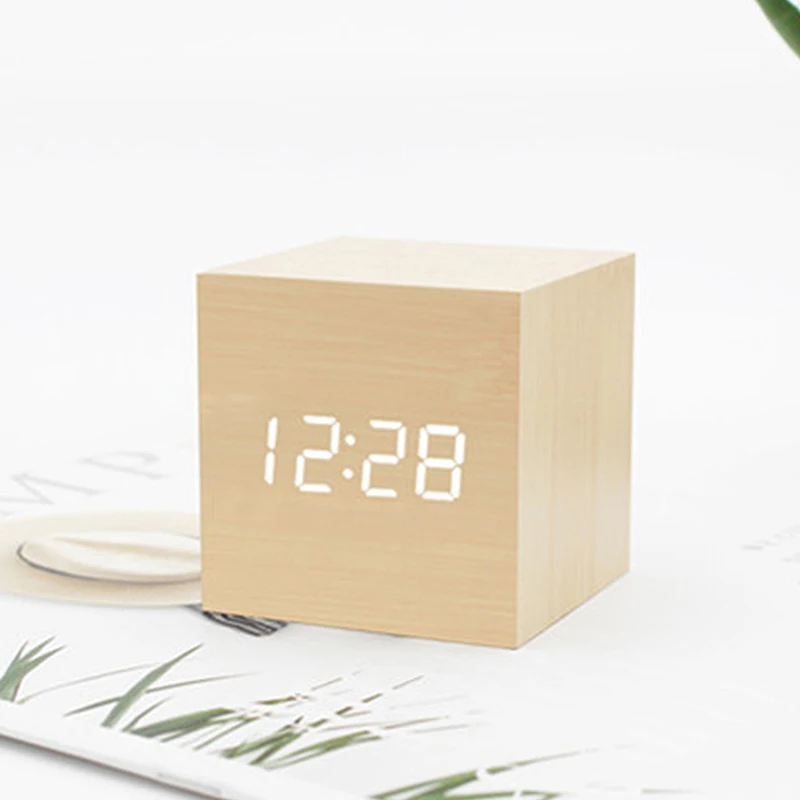 

Digital Square LED Alarm Clock Wood Retro Clock Desktop Table Decor Voice Control Snooze Function Desk Wooden Art Alarm Clock