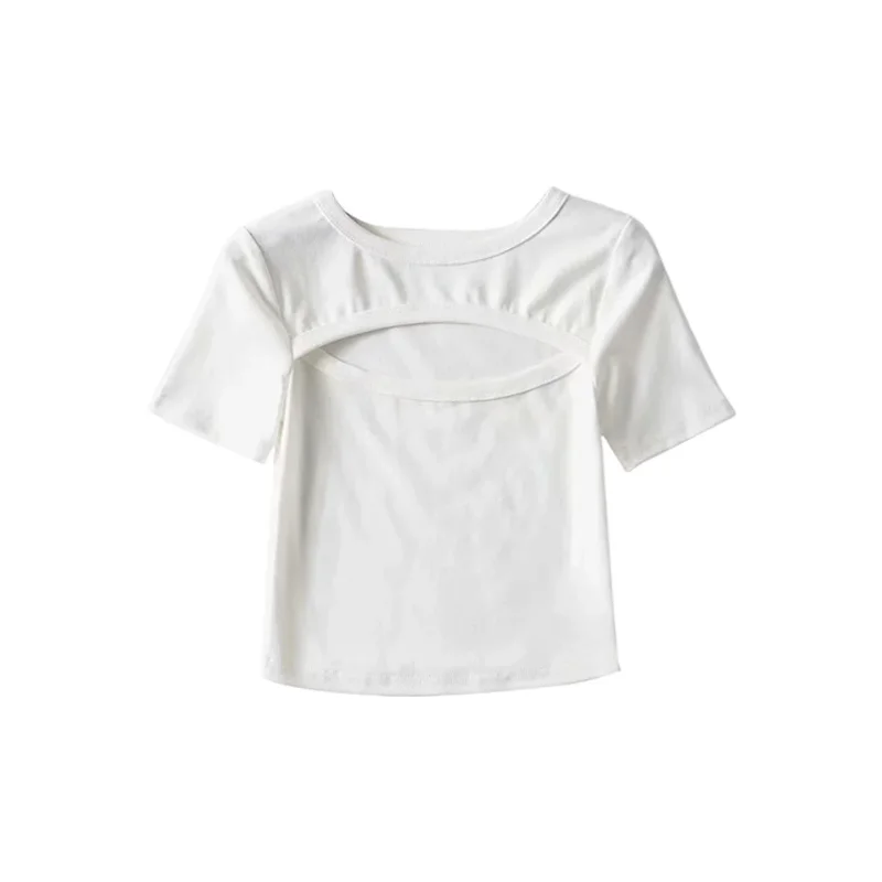 

WOMENGAGA Korean O-neck Short Sleeve Fake Two-piece Open Navel Women T-shirt Solid Color Summer High Elasticity Skinny Top LRE6