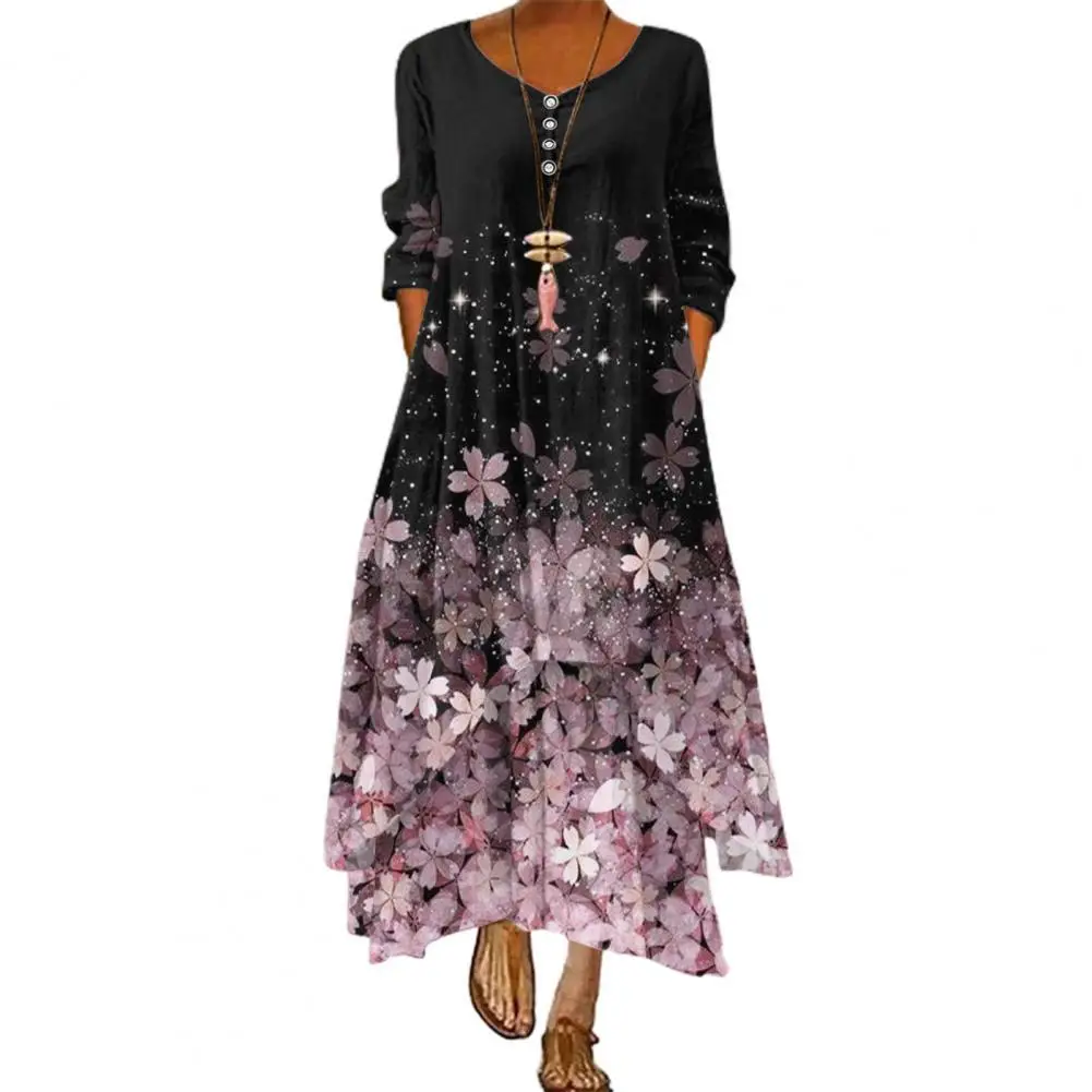 

Fashion Long Sleeve Dress Mid Waist Irregular Hem Floral Ankle-length Dress for Dating