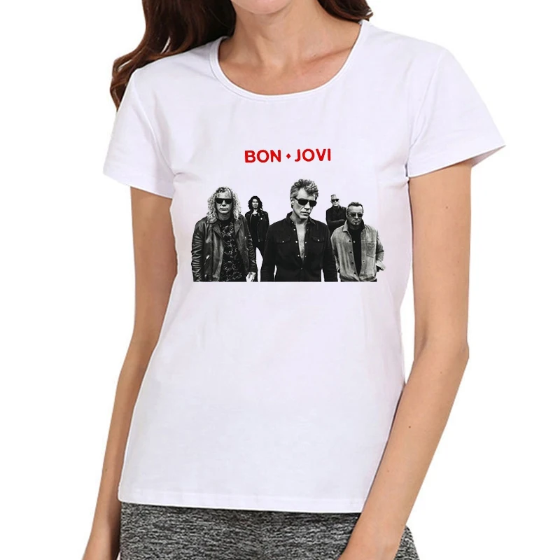 Женская футболка Bon Jovi белого цвета с коротким рукавом, модная футболка с логотипом Bon Jovi, майки футболки, женские футболки Bon Jovi