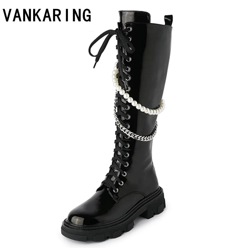 

autumn winter metal chains knee high boots women punk gothic platform boots woman lace up chunky military boots thick heel shoes
