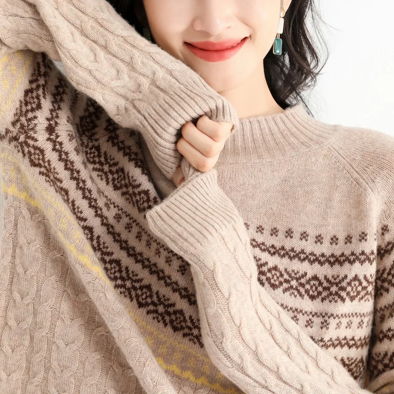 Новинка Осень-зима 2021 вязаный свитер в фольклорном стиле с полувысоким воротом