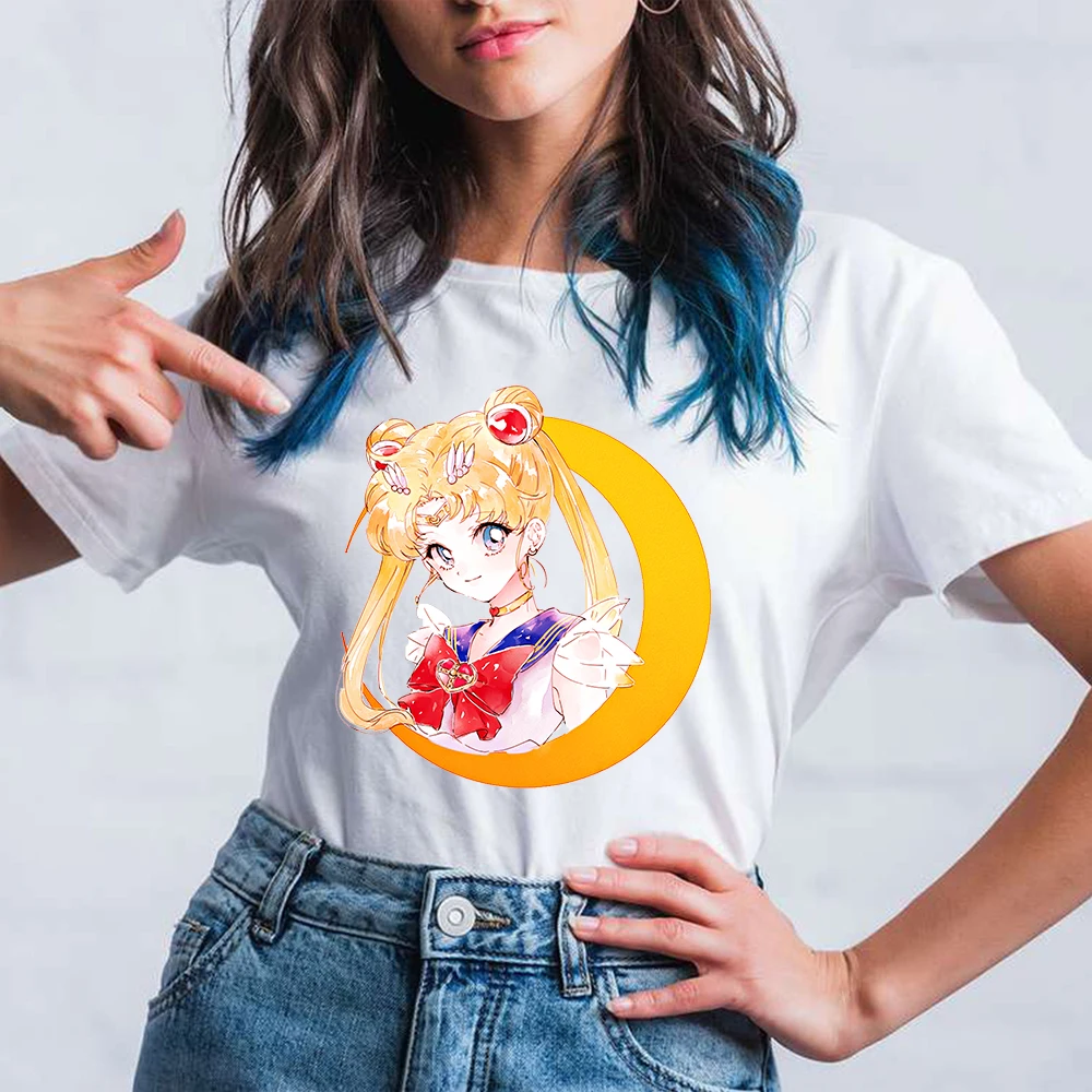 

Sailor Moon Women T-shirts Kawaii Anime Short Sleeve Print Shirt Maiden Casual Cartoons Y2K Aesthetic Harajuku Female Clothing