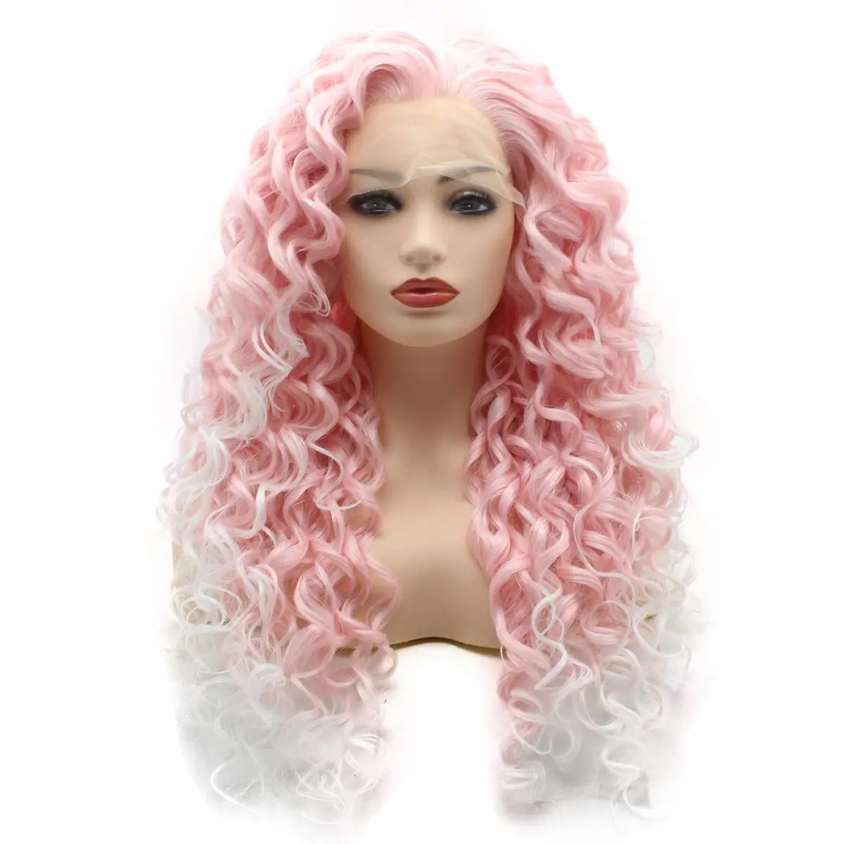 Jeelion Hair Curly Long 26inch Pink Root White Ombre Heavy Density Realistic Synthetic Lace Front Wigs