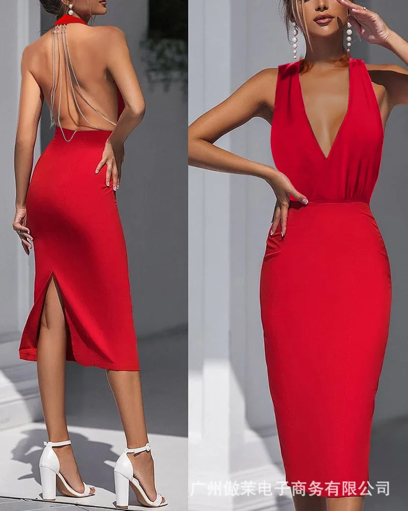 

sexy backless sleeveless split dresses women 2021 summer new fashion V-neck slim dress