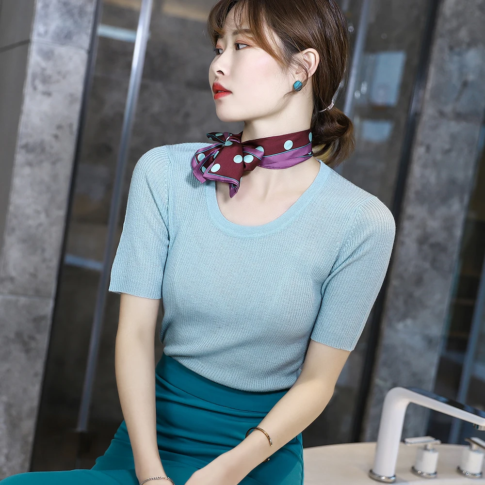 

wearable Summer thin wool knitted short-sleeved bar elastic collar short-sleeved top multicolor