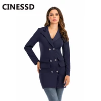 cinessd women double breasted trench coats navy blue lapel long sleeves button solid tops black plus office lady outwear trench