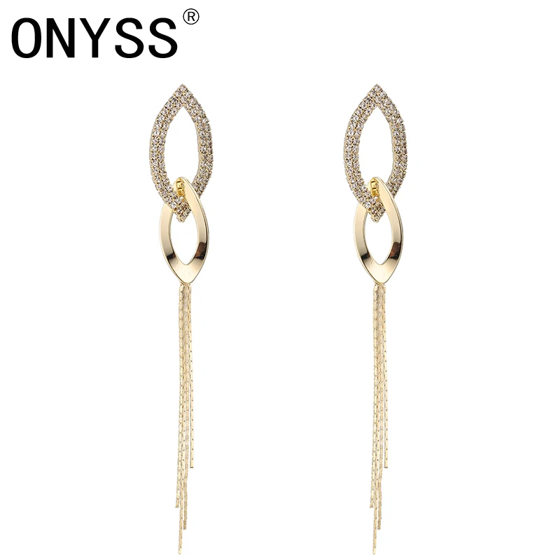 

ONYSS Women Fashion Brand Drop Cross Leaf Tassel Earrings New CZ Rhinestone 14K Gold plated Pendants Earrings Trend 2021