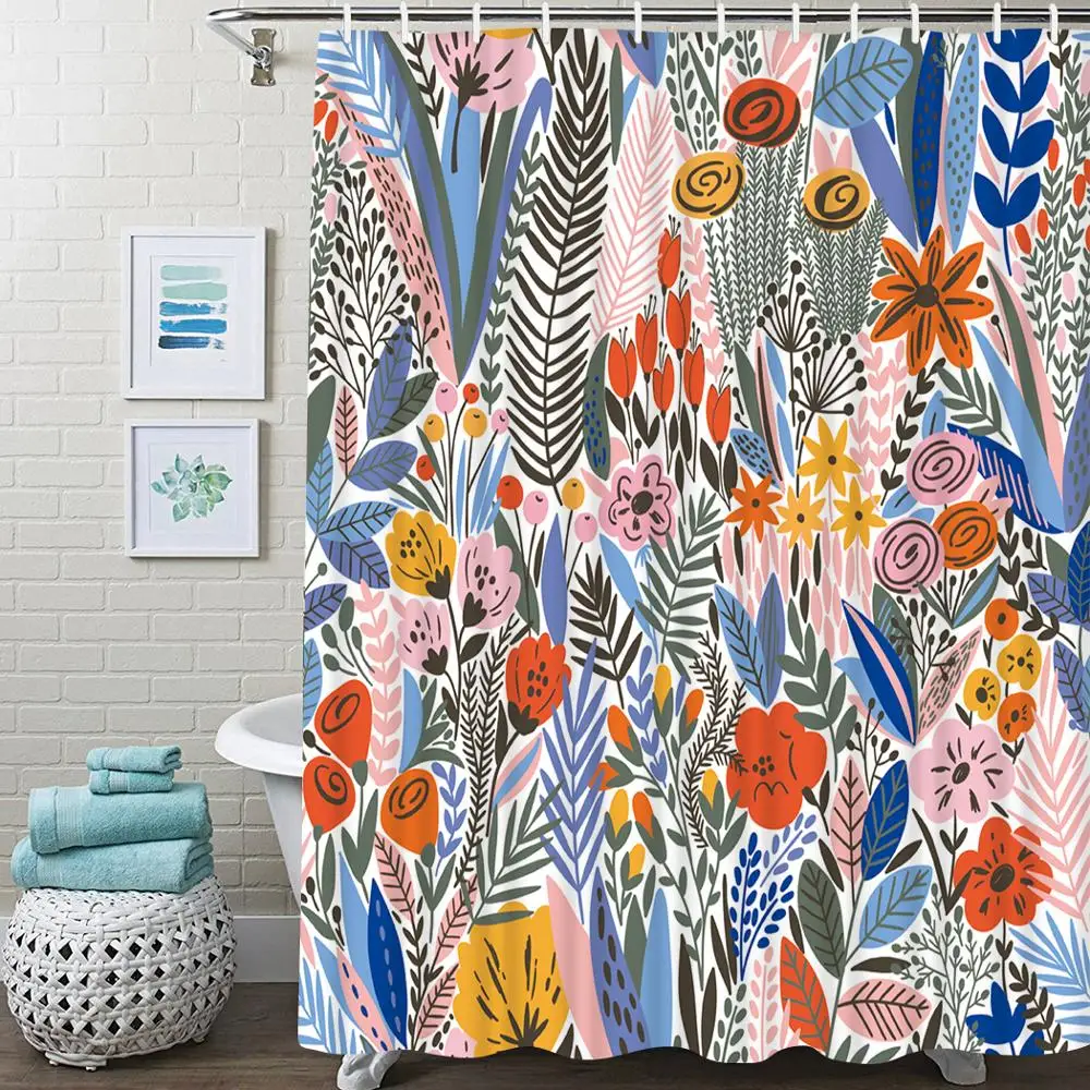 

Abstract Floral Shower Curtain Bathroom Tropical Green Leaves Bath Shower Curtain With Hooks Waterproof Bathroom Shower Curtain