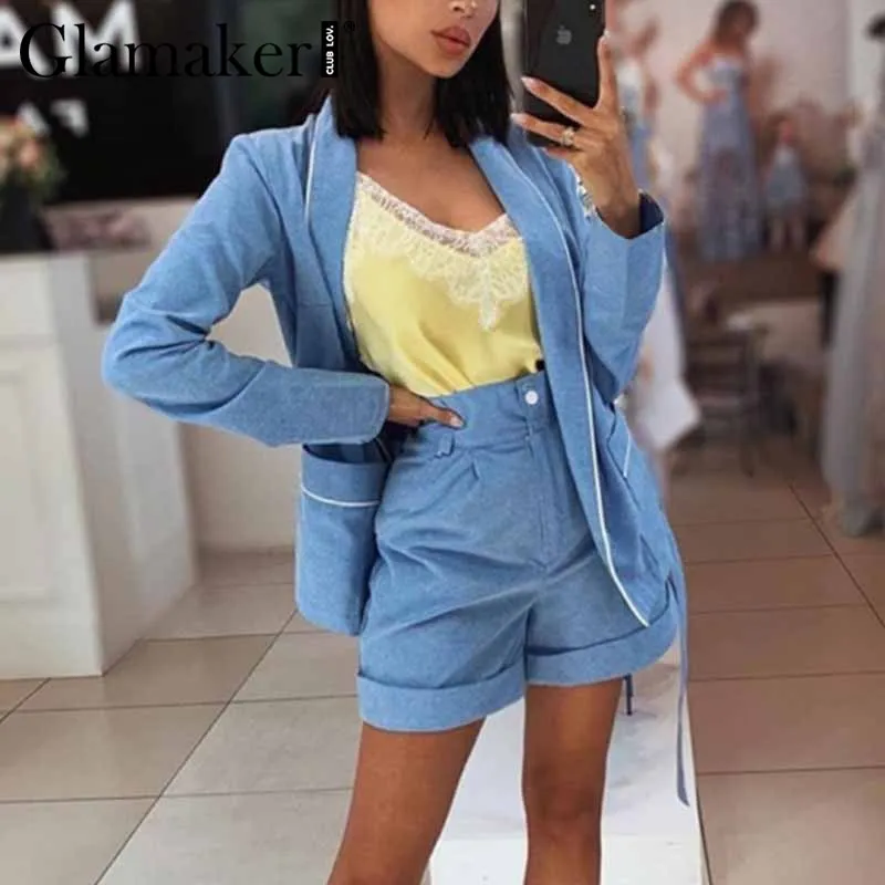 Glamaker Denim blue belt office short female jumpsuit Spring summer pocket buttons casual rompers Streetwear playsuit overalls |