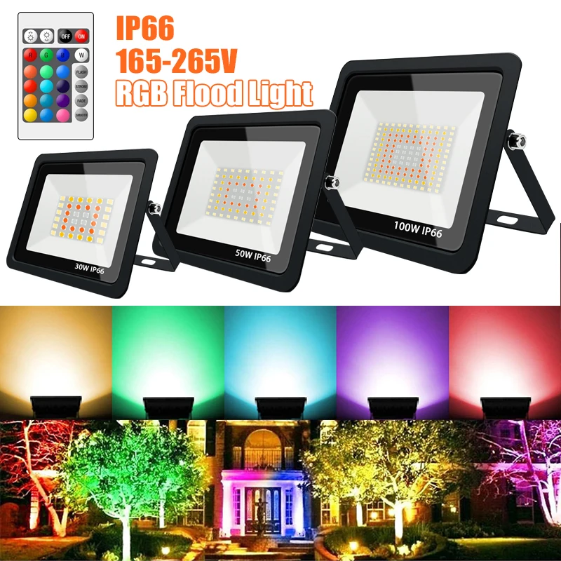 

Led RGB Flood Light 20W 50W 100W IP66 Outdoor Spotlight 4 Modes RGB Reflector Projector Lamp with Color Remote Controller Indoor