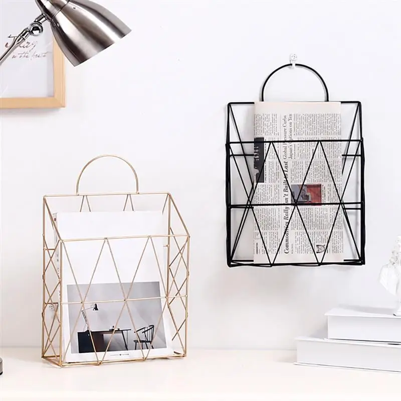 

Newspaper Storage Rack Wall Mounted Magazine File Holder Metal Wire Geometric Organizer Basket Home Living Room Decoration