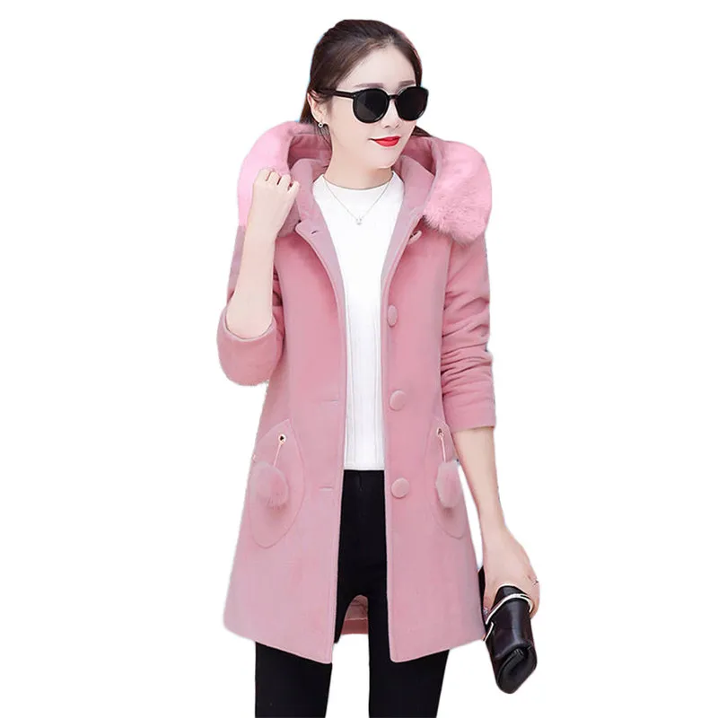 

Woolen Coat Women Nice Winter Pop Korean Vogue Slim Thick Fur Collar Hooded Jacket Pink Long Sleeve Blend Tops Feminina Vogue