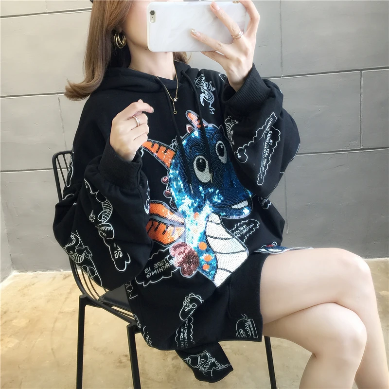 

Loose Casual Harajuku Streetwear Female Sweatshirts Hip Hop Shiny Sequins Patch Pullover Oversized Hoodie Women Prints