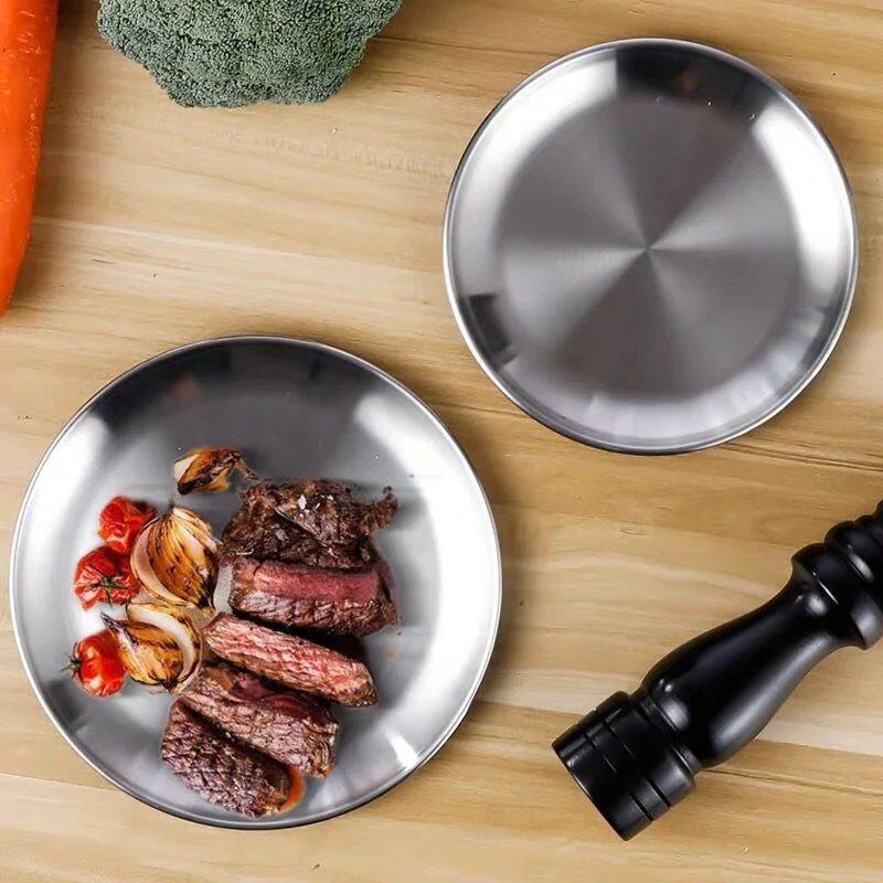 

Outdoor Camping Stainless Steel Fruit Plate Dinner Plate Stainless Steel BBQ Tableware Round Picnic Dinner Dish Serving Plates