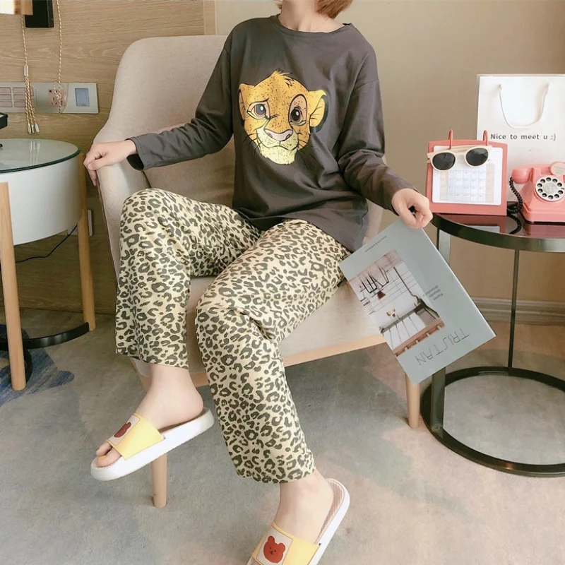 Disney Women Leopard The Lion King Sleepwear 2PCS Shirt Pants Pajamas Set Print Simba Nightwear Cartoon Pyjamas Casual Homewear