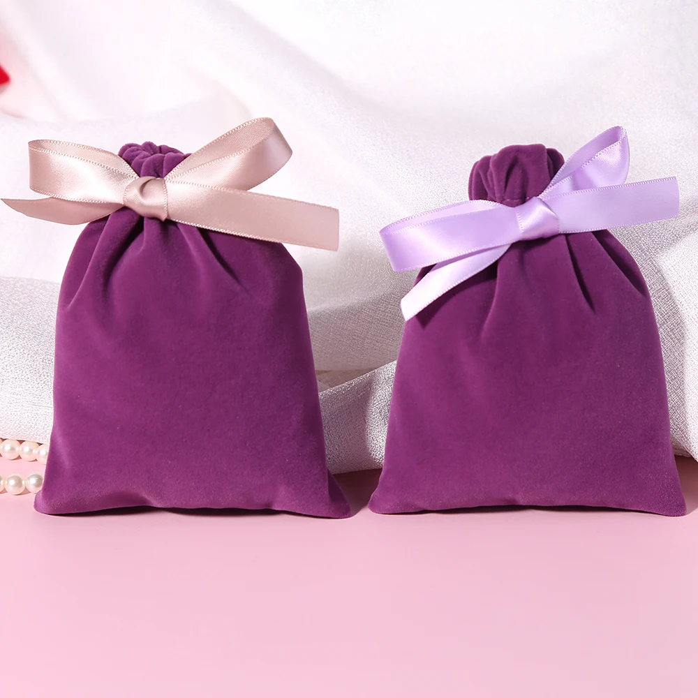 50pcs Purple Velvet Bag Jewelry Bag With Ribbon Small Pouches For Wedding Party Candy Bag Organizer Custom Logo Jewelry Packing