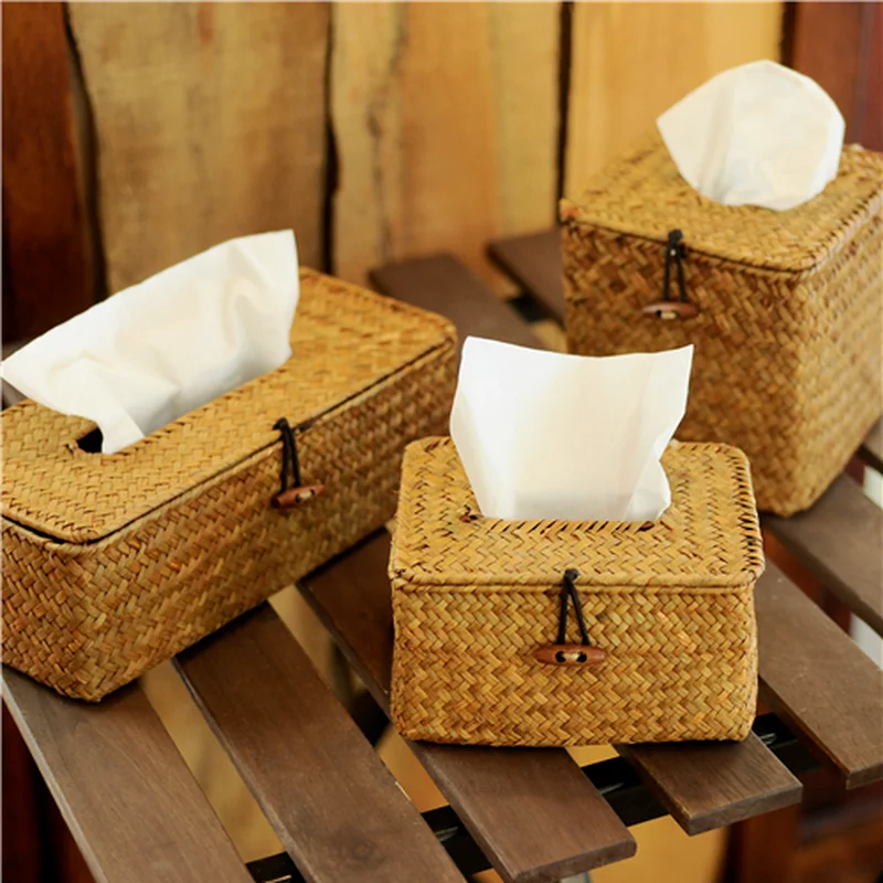 

Retro Seaweed Woven Rattan Napkin Box Tissue Tube Table Decoration Storage Box Removable Tissue Container Home Decoration Modern