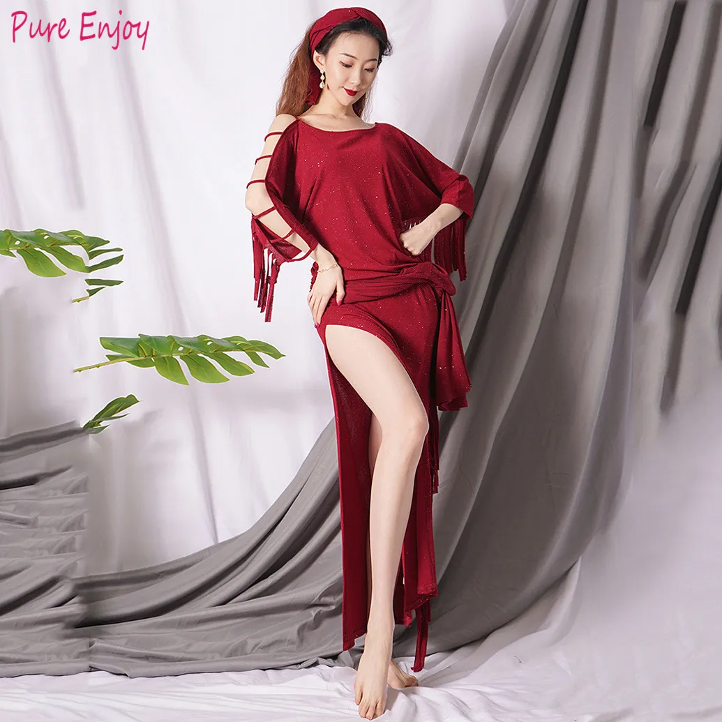 Новейшие костюмы для танца живота Belly Dancing dress + пояс платок женщин одежда 2 цвета S M