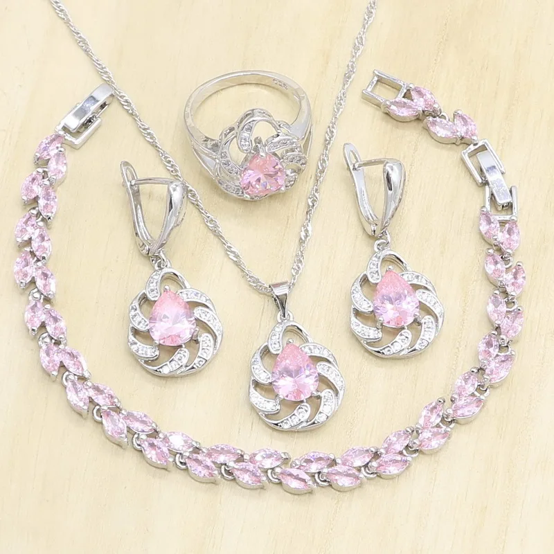 Капли воды серебряный цвет Ювелирные наборы для женщин розовый циркон серьги