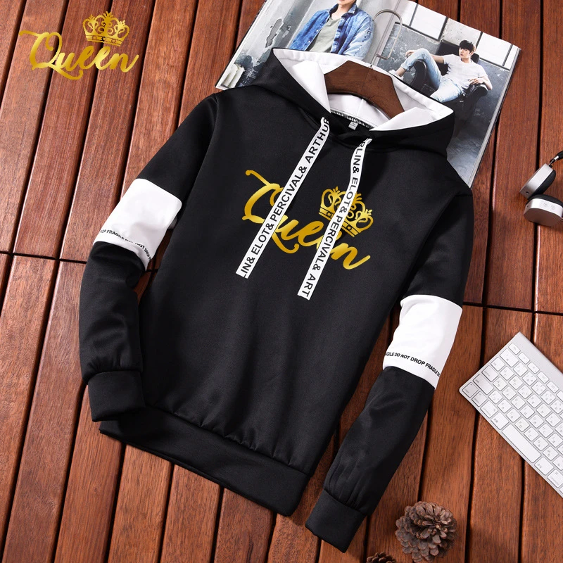

Men's Hoodies King Queen Prince Print Oversized Kangaroo Pocket Sweatshirts Casual Vintage Korean Pullovers Harajuku Hooded Tops