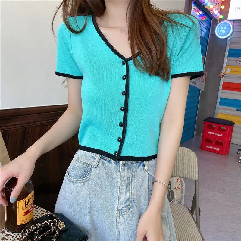 

Корейский стиль, женские вязаные укороченные свитера с V-образным вырезом и короткими рукавами, кардиганы, летние женские тонкие кардиганы, ...