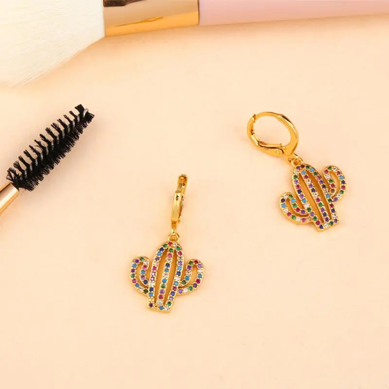 

Cactus Stud Micro-drill Earrings Golden Exquisite Cubic Zirconia Dangle Inlaied 6XDA