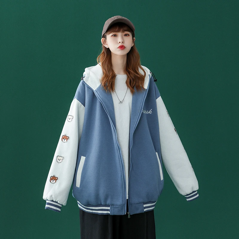 

Spring and Autumn Women's Jacket Korean Urban Casual Cartoon Loose Hooded Zipper Pocket M-5XL Size Coat