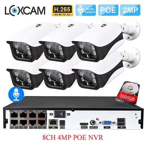 LOXCAM H.265+ 4MP POE система NVR 48V 1080P 2MP@ 25fps IP66 безопасности наружного аудио запись POE IP Камера видео набор для наблюдения 2 ТБ - Цвет: 8CH NVR x 6 Cameras