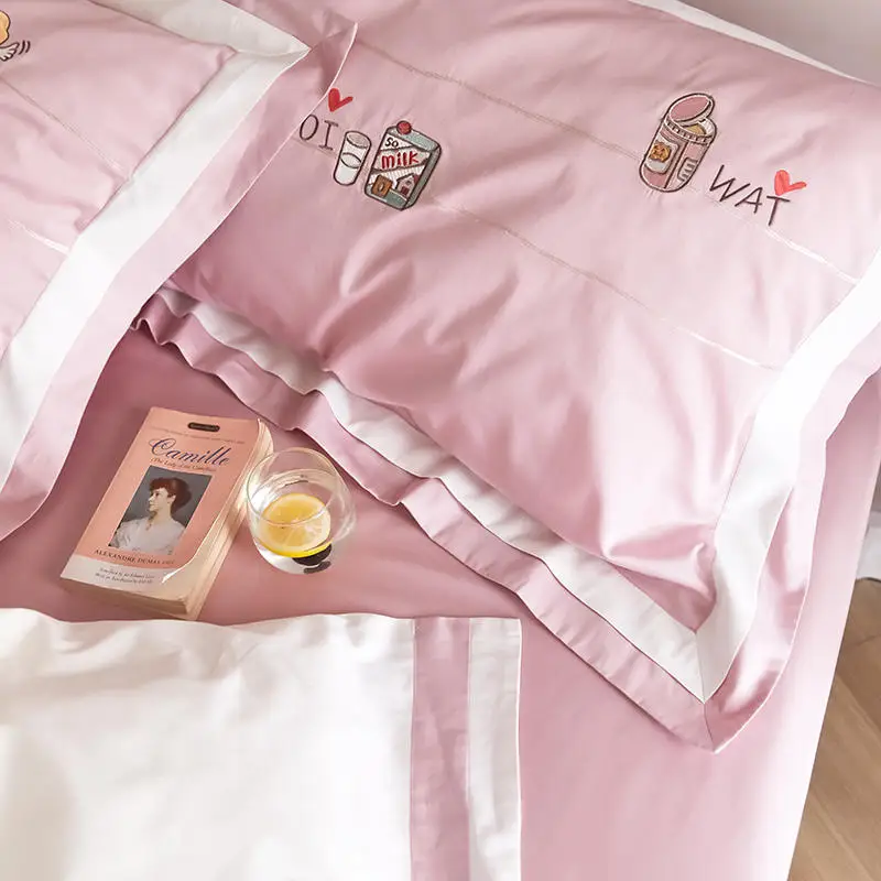 

New White Bedding Set Cupid Embroidery Duvet Cover Set Long-staple Cotton Pillowcases Queen King Size Bed Bed Linen 4pcs