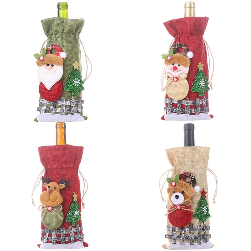 

Christmas Red Wine Bottle Covers Bag Linen Holiday Santa Claus Champagne Bottle Cover Christmas Decorations