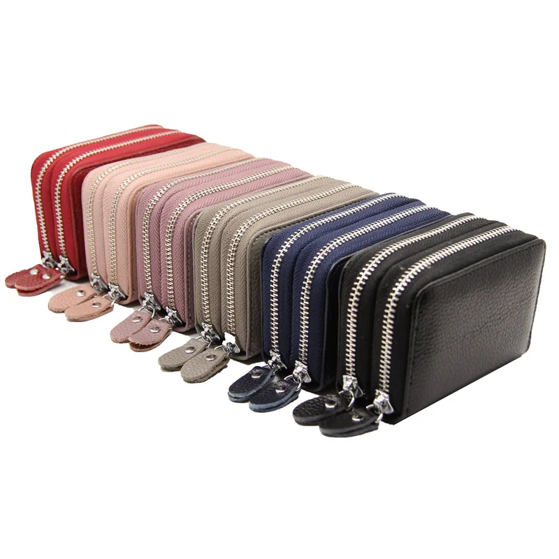 Rfid Genuine Leather Card Holder For Women Fashion Doble Zipper Single Organ Cardholder With Coin Pocket Female Small Purse