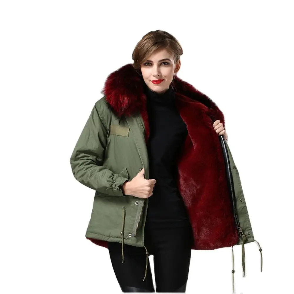 Mhnkro army green cotton shell beautifull huge raccoon fur collar short warm parka mrs winter wear XS-4XL plus size