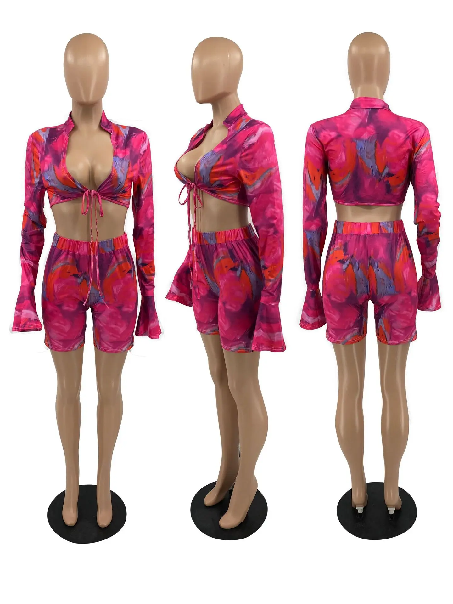 

Women Tie Dye Print Sexy 2 Piece Set Summer Outfits Deep V Neck Long Sleeve Crop Top and Bodycon Short Holiday Outfit Suits