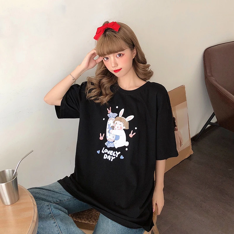 

YLDSGS 2021 Summer New Women Loose T-Shirt Female Cartoon Print T-Shirt Couples Popular Models Blouses Harajuku