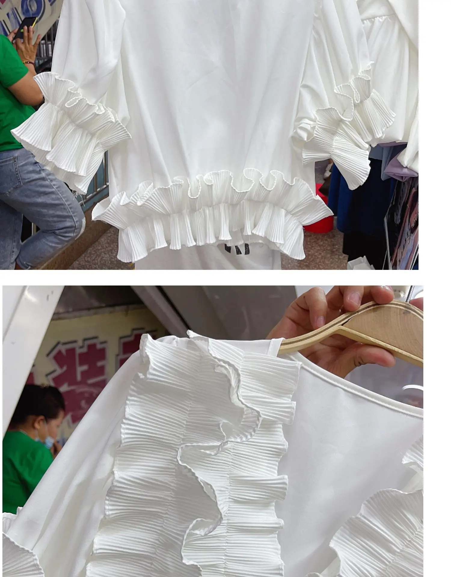 

2021 Summer New Retro V-neck Puff Sleeve Pullover Shirt Women's Sweet Ruffled Stitching Short Slim Fit Blouse for Ladies