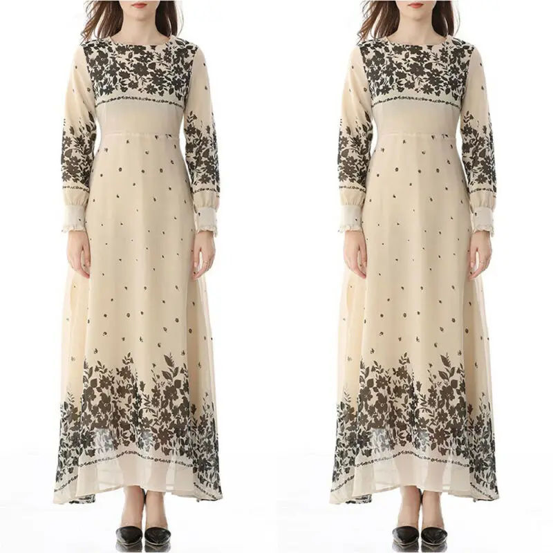 

Muslim Womens Floral Long Sleeve Round Neck Ladies Fashion Apricot Maxi Dress
