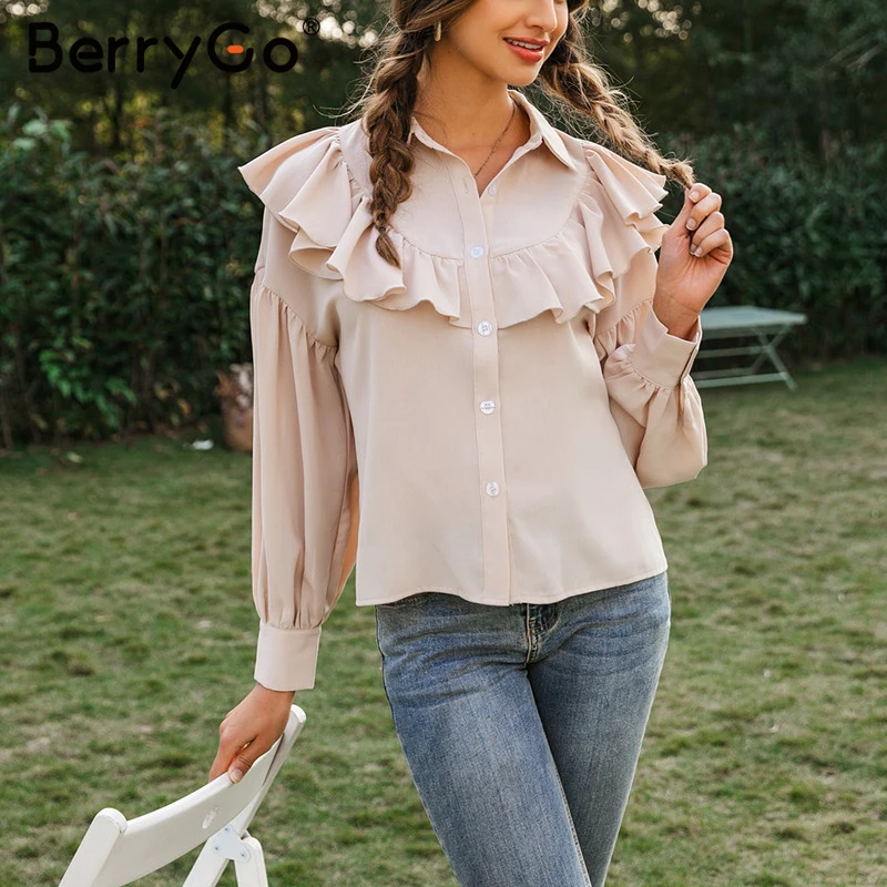 

BerryGo Vintage ruffled blouse shirt women Elegant lantern sleeve buttons female tops shirts Office ladies autumn winter blouses