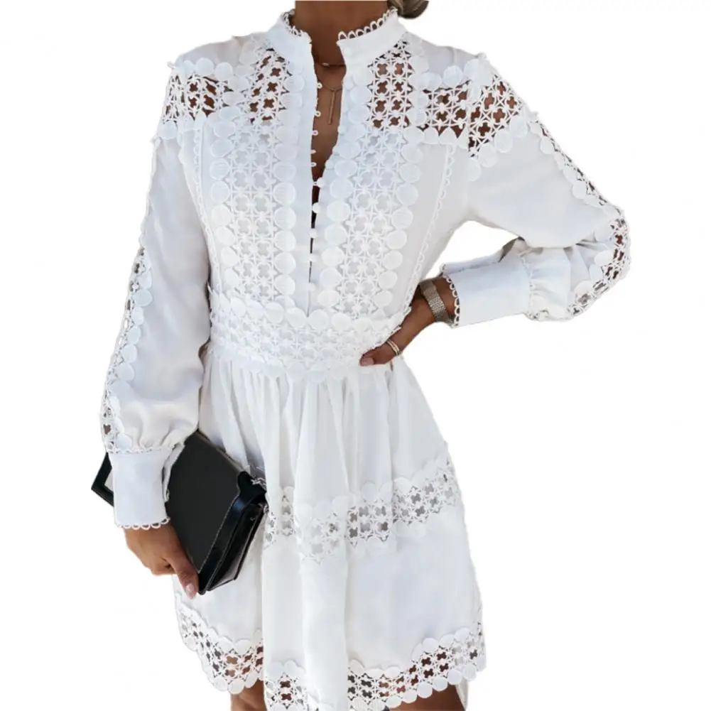 

Hollow Out Lace Party Dress Women Dress Long Sleeve Lace Patchwork Solid Color Temperament Dress for Office Ladies Vestidos 2021