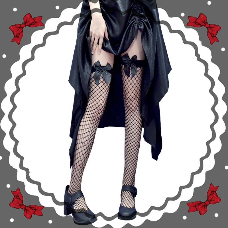 

Women Sexy Lace Fishnet Stockings Thigh High Over Knee Socks Nylon Long Socks Black Bowknot Anime Lolita JK Janpanese Girl