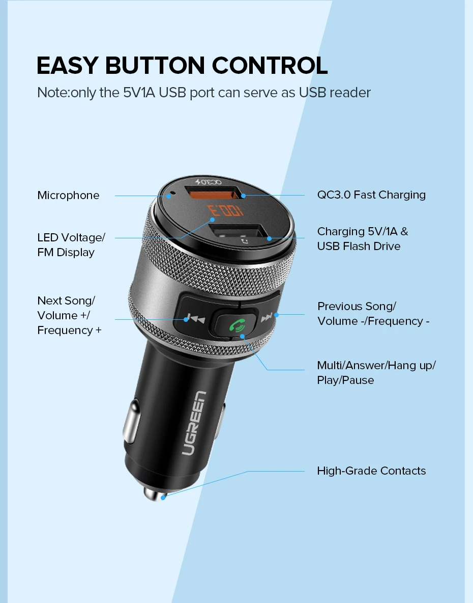 Ugreen USB Автомобильное зарядное устройство Bluetooth fm-передатчик QC Быстрая зарядка 3,0 Быстрая зарядка для Xiaomi samsung iPhone huawei QC3.0 зарядное устройство