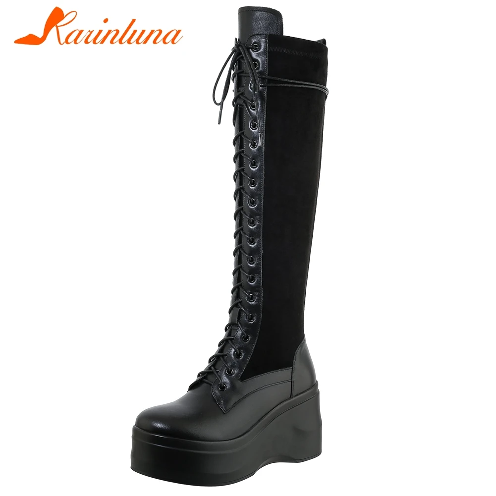 

KARINLUNA Brand New Female Autumn Fashion Boots Platform Wedges High Heels shoelace Women Boots Genuine Leather Women Shoes