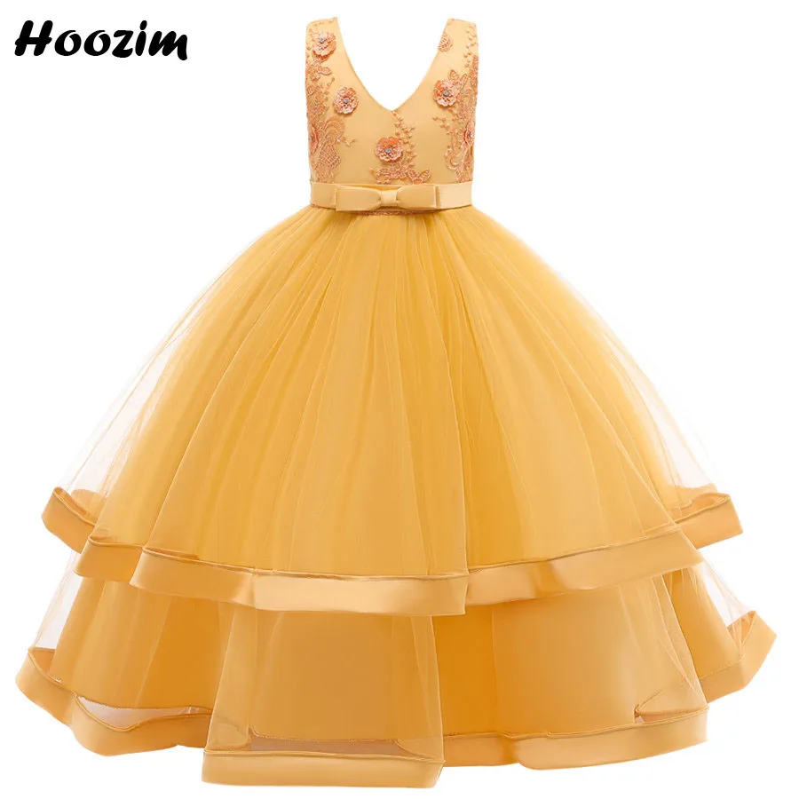 

Luxury Embeoirty Flower V Neck Long Evening And Wedding Dreses Girls 4-13 Years Emerald Green Tulle Pageant Party Dress Children