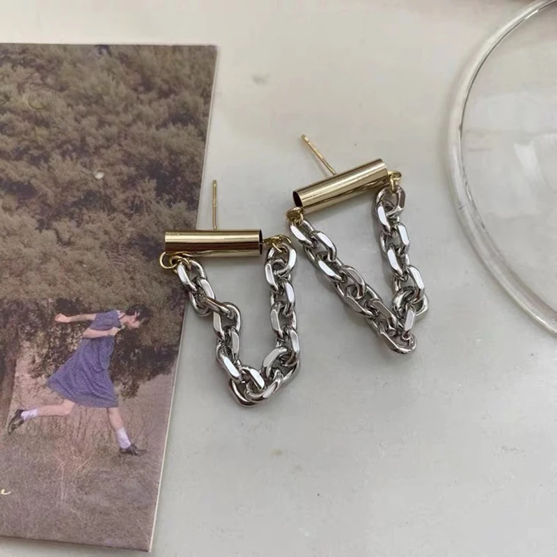 

Korean Simple Temperament Metal Geometric Chain Tassel Drop Earrings Hip Hop for Women Girls Statement Gothic Jewelry GiftsGift